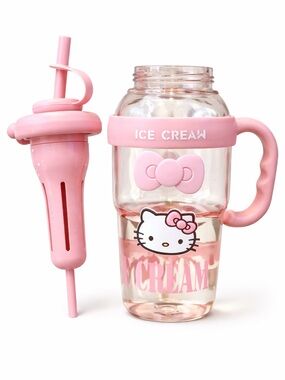 🎀 Hello Kitty Pink Glass Tumbler Mug w/ Handle Straw Ice Cream Bow Cup OS 🎀